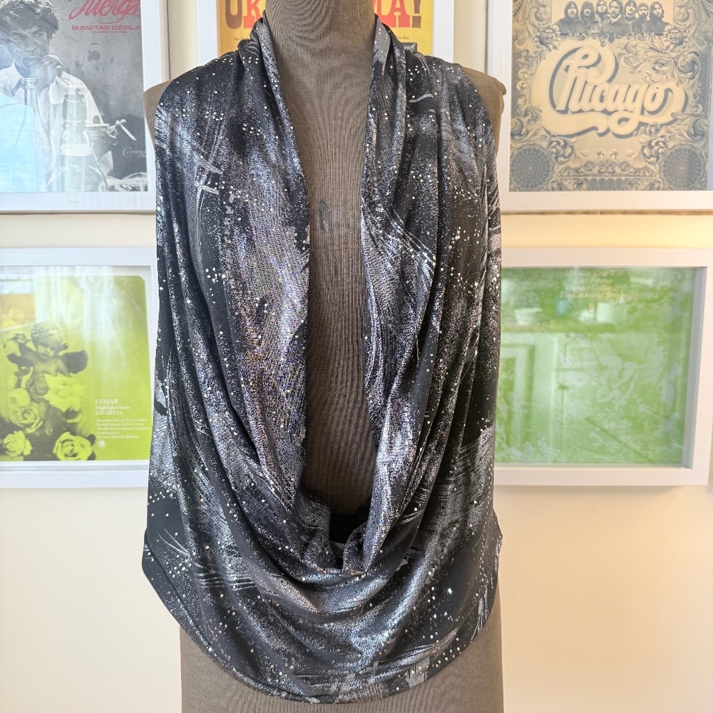 🌌 Y2K Galaxy Print Drape Cowl Neck Top